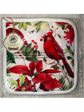 NIP Michel Design Works 9 X 9 Quilted Potholder Cardinal Poinsetta Berries